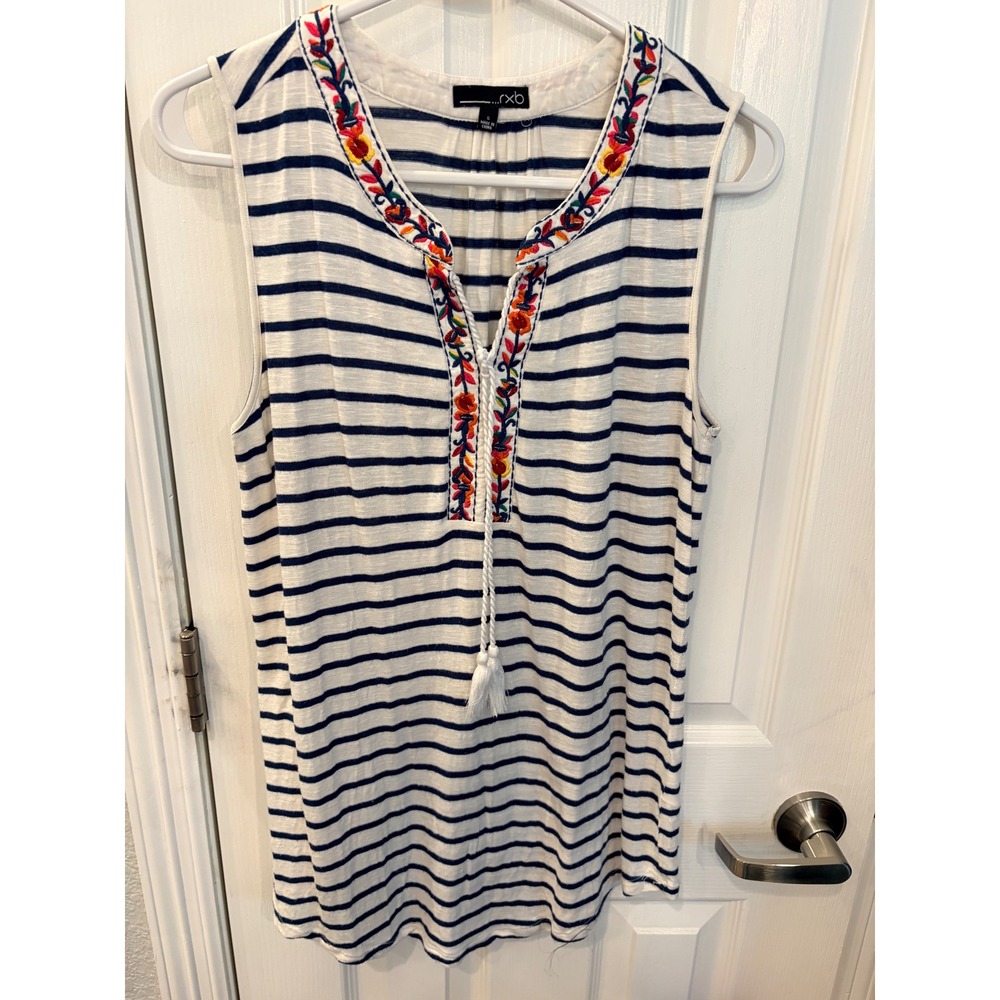 RXB Tank Top Navy White Striped Embroidered Tassel Boho Sleeveless Shell